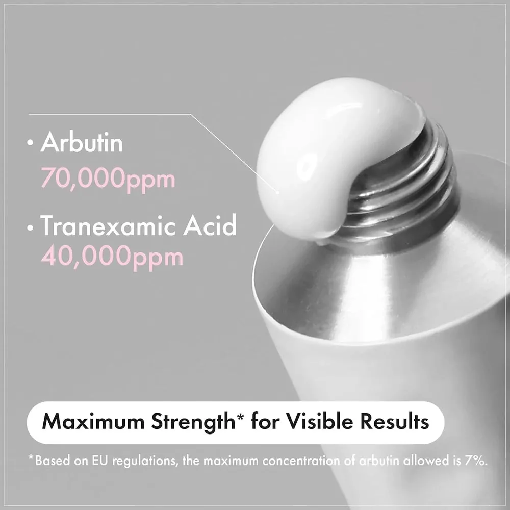Cream at the tube opening with active concentrations labelled: arbutin 70,000ppm and tranexamic acid 40,000ppm
