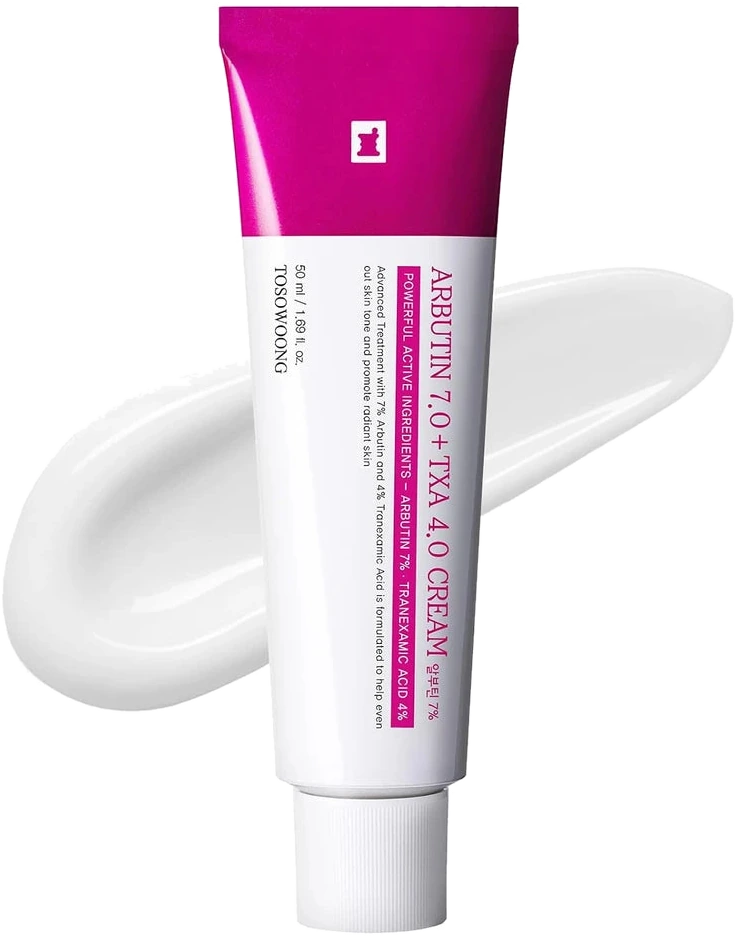 Tosowoong Arbutin 7.0 plus TXA 4.0 Cream tube resting on a swatch of the cream